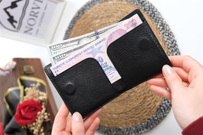 Hakiki Deri Çift Para Bölmeli Mıknatıslı Kartlık Cüzdan Parlak Siyah 1337