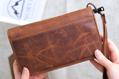 Hakiki Deri Fermuarlı Çok Para Bölmeli Tutamaçlı Unisex El Çantası Fındık 1206