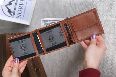 İçi Çıtçıtlı Fermuarlı Bozuk Para Gözlü Yatay Hakiki Deri Cüzdan Taba 1307