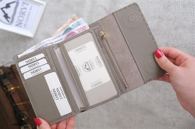 Saraciye Dikişli Çok Bölmeli Hakiki Deri Cüzdan Kadın Gri 1065