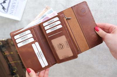 Saraciye Dikişli Çok Bölmeli Hakiki Deri Cüzdan Kadın Taba 1065