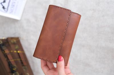 Saraciye Dikişli Çok Bölmeli Hakiki Deri Cüzdan Kadın Taba 1065