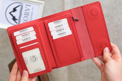 Saraciye Dikişli Çok Bölmeli Hakiki Deri Cüzdan Kadın Kırmızı 1065