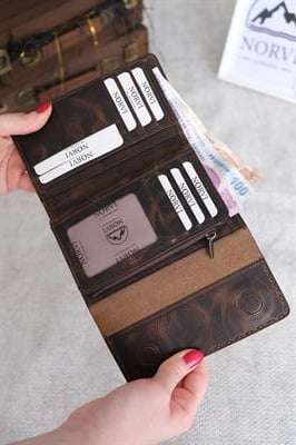 Saraciye Dikişli Çok Bölmeli Hakiki Deri Cüzdan Kadın Kahverengi 1065