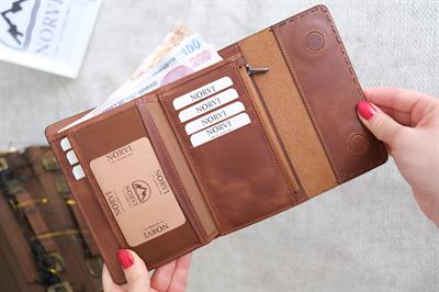 Saraciye Dikişli Çok Bölmeli Hakiki Deri Cüzdan Kadın Taba 1065