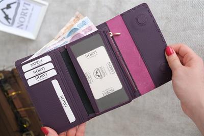 Saraciye Dikişli Çok Bölmeli Hakiki Deri Cüzdan Kadın Mor 1065 