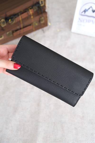 Saraciye Dikişli Telefon Bölmeli Hakiki Deri Cüzdan Siyah Renk 1052