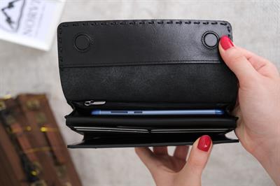 Saraciye Dikişli Telefon Bölmeli Hakiki Deri Cüzdan Parlak Siyah 1052