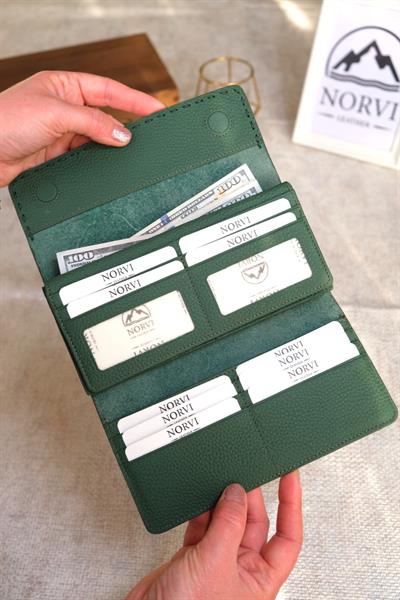 Saraciye Dikişli Telefon Bölmeli Hakiki Deri Cüzdan Yeşil 1052