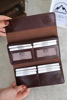 Saraciye Dikişli Telefon Bölmeli Hakiki Deri Cüzdan Parlak Kahverengi 1052