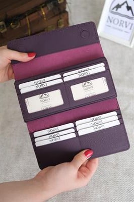 Saraciye Dikişli Telefon Bölmeli Hakiki Deri Cüzdan Mor 1052