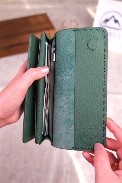 Saraciye Dikişli Telefon Bölmeli Hakiki Deri Cüzdan Yeşil 1052