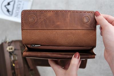 Saraciye Dikişli Telefon Bölmeli Hakiki Deri Cüzdan Fındık Rengi 1052