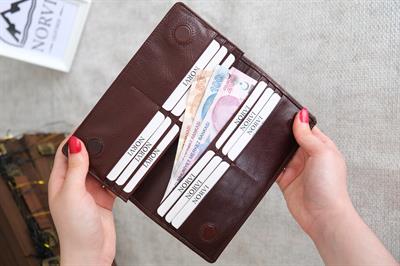 Telefon Bölmeli El Tutamaçlı Hakiki Deri Cüzdan Parlak Kahverengi 1028