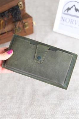 Telefon Bölmeli Hakiki Deri Fermuarlı Cüzdan Yeşil 1163