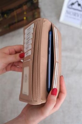 Telefon Bölmeli Hakiki Deri Kadın Cüzdan Bej 1055