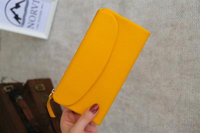 Telefon Bölmeli Hakiki Deri Kadın Cüzdan Sarı 1055