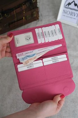Telefon Bölmeli Hakiki Deri Kadın Cüzdan Pembe 1055