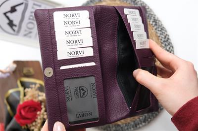 Telefon Bölmeli Kartlıklı Hakiki Deri Cüzdan Mor 1346