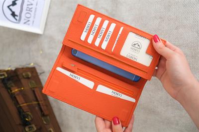 Telefon Bölmeli Mıknatıslı Hakiki Deri Portföy Cüzdan Turuncu 1023