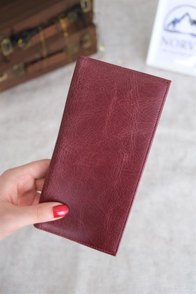 Telefon Bölmeli Mıknatıslı Hakiki Eskitme Deri Cüzdan Bordo Renk 1023