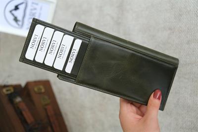 Telefon Bölmeli Mıknatıslı Hakiki Eskitme Deri Cüzdan Haki Yeşil Rengi 1023