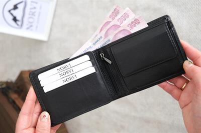 ÜÇ HİLAL Özel Baskılı Deri Cüzdan - Bozuk Para Gözlü Hakiki Deri Cüzdan Parlak Siyah 1242