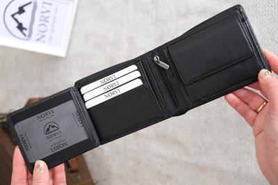 ÜÇ HİLAL Özel Baskılı Deri Cüzdan - Bozuk Para Gözlü Hakiki Deri Cüzdan Parlak Siyah 1242