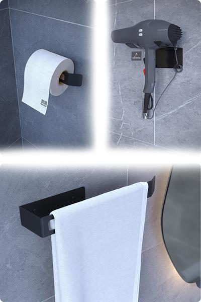 Metal 3'lü Set – Tuvalet Kağıtlık, Havlu Askısı ve Fön Makinesi Tutucu | Modern Banyo Düzenleyici