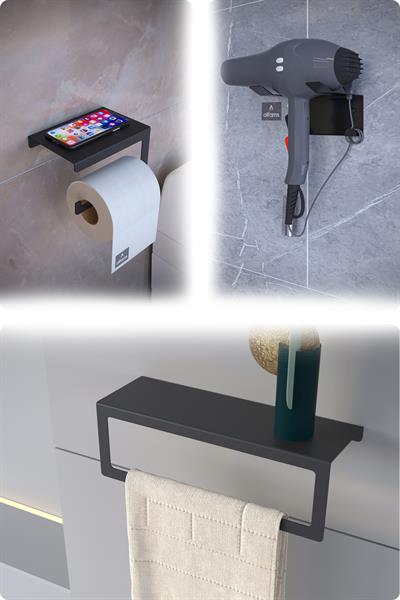 Metal 3'lü Set – Tuvalet Kağıtlık, Havlu Askısı ve Fön Makinesi Tutucu | Modern Banyo Düzenleyici