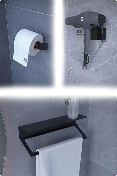 Metal 3'lü Set – Tuvalet Kağıtlık, Havlu Askısı ve Fön Makinesi Tutucu | Modern Banyo Düzenleyici
