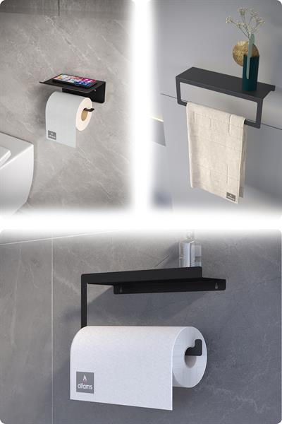 Metal 3'lü Set – Tuvalet Kağıtlık, Havlu Askısı ve Kağıt Havluluk | Modern Banyo ve Mutfak Düzenleyici