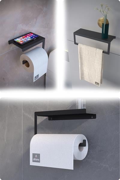 Metal 3'lü Set – Tuvalet Kağıtlık, Havlu Askısı ve Kağıt Havluluk | Modern Banyo ve Mutfak Düzenleyici