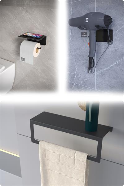 Metal 3'lü Set – Tuvalet Kağıtlık, Havlu Askısı ve Fön Makinesi Tutucu | Modern Banyo Düzenleyici