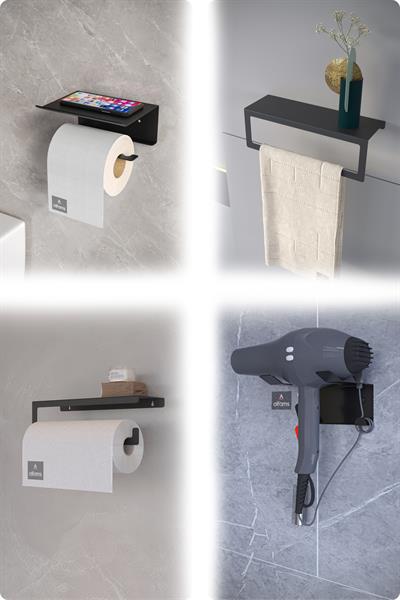 Metal 4'lü Set – Tuvalet Kağıtlık, Havlu Askısı, Kağıt Havluluk ve Fön Makinesi Tutucu | Modern Banyo ve Mutfak Düzenleyici