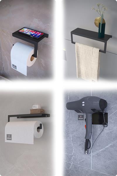 Metal 4'lü Set – Tuvalet Kağıtlık, Havlu Askısı, Kağıt Havluluk ve Fön Makinesi Tutucu | Modern Banyo ve Mutfak Düzenleyici