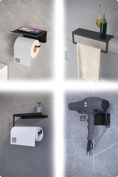 Metal 4'lü Set – Tuvalet Kağıtlık, Havlu Askısı, Kağıt Havluluk ve Fön Makinesi Tutucu | Modern Banyo ve Mutfak Düzenleyici