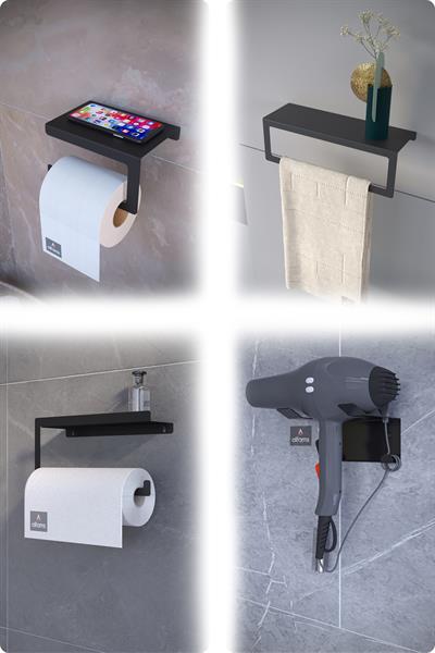 Metal 4'lü Set – Tuvalet Kağıtlık, Havlu Askısı, Kağıt Havluluk ve Fön Makinesi Tutucu | Modern Banyo ve Mutfak Düzenleyici