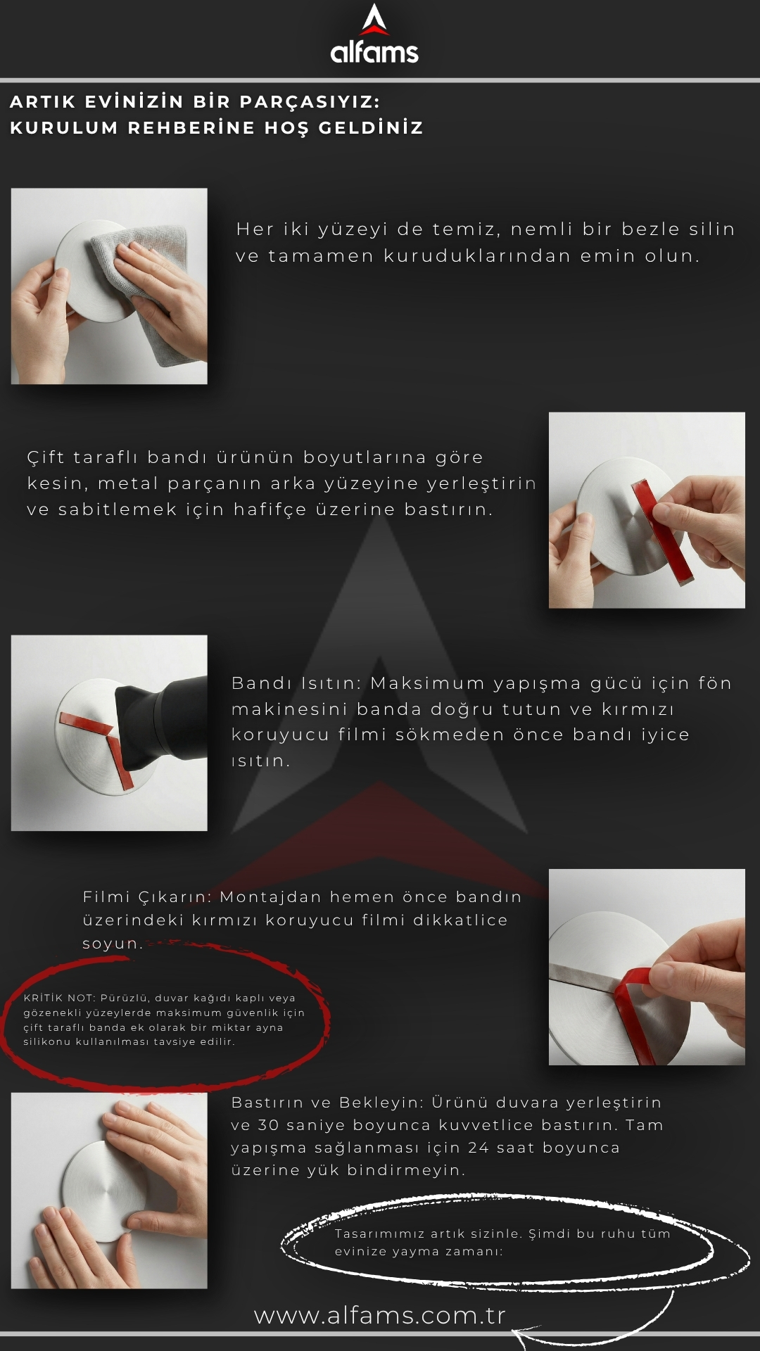 alfams montaj rehberi kapak görseli yapıştırma talimatı delmeden kurulum 24 saat kuralı