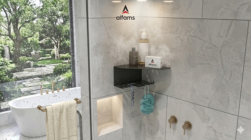 Modern mermer banyoda Alfams siyah metal köşe rafı ve düzenleme aksesuarları
