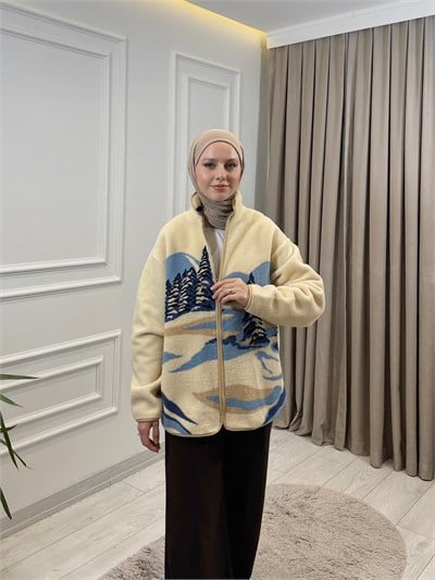 DESENLİ FERMUARLI POLAR BEJ