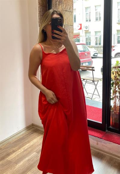 Askılı Maxi Elbise Nar Çiçeği