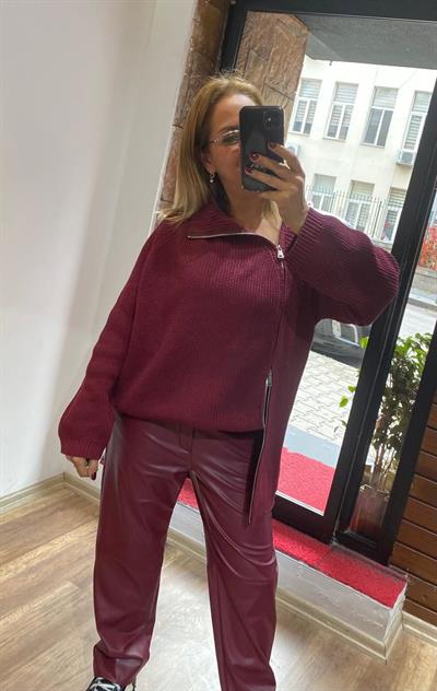 Bağcıklı Cepli Deri Pantolon Yeni Bordo