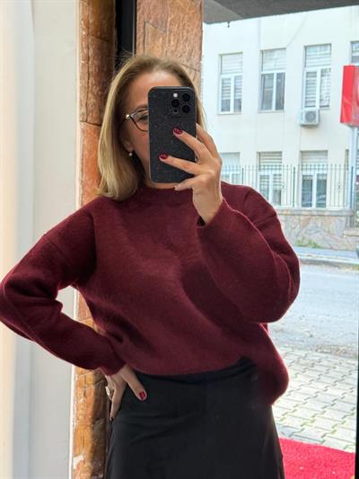 Bisiklet Yaka Yumuşak Kazak Bordo Yeni