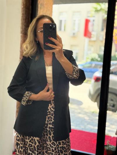 Blazer Leopar Detaylı Siyah Ceket Yeni