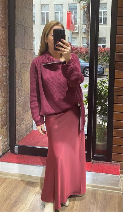 Fermuarı Açılır Kazak Bordo