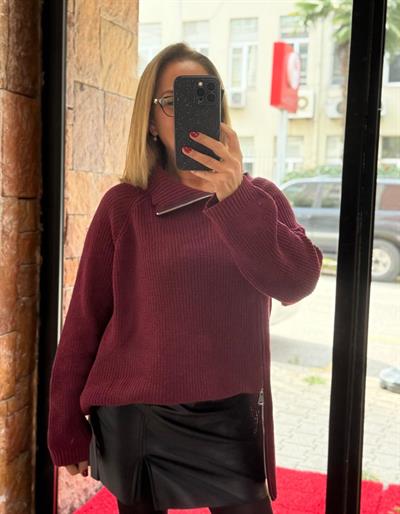 Fermuarı Açılır Kazak Bordo