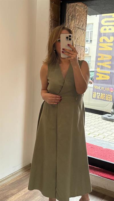Gabardin Anvelop Uzun Elbise Haki Yeni