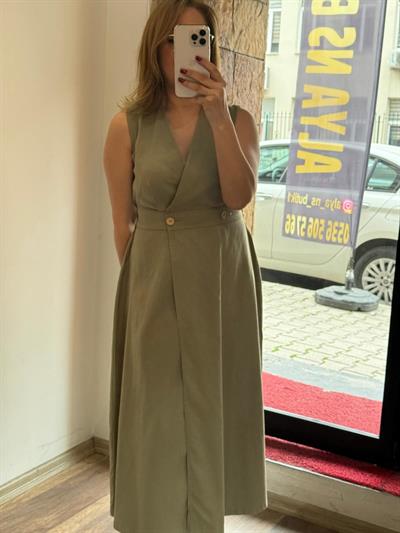 Gabardin Anvelop Uzun Elbise Haki Yeni