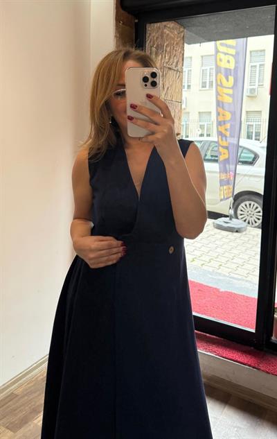 Gabardin Anvelop Uzun Elbise Lacivert Yeni